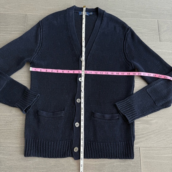 POLO RALPH LAUREN LINEN CARDIGAN SWEATER NAVY BLUE S OPEN CHUNKY KNIT V-NECK - Picture 13 of 14